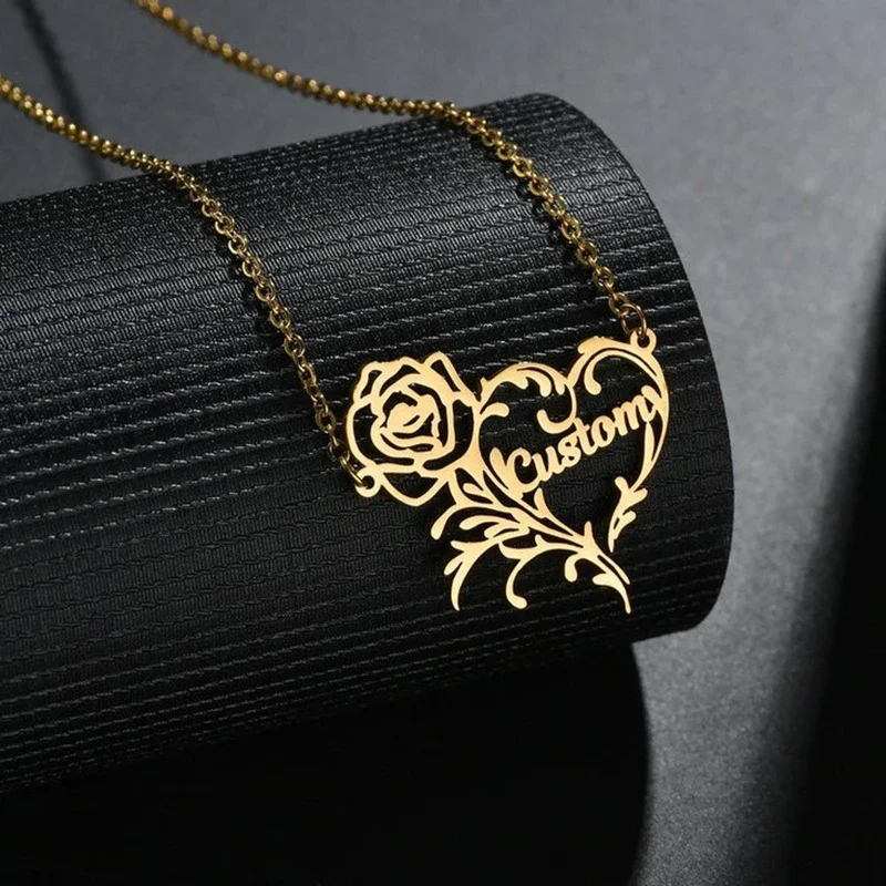 Birth Flower Necklace - Aangepaste Naam Rose Hart Charme Ketting